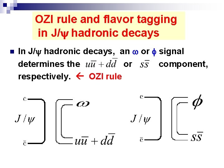 OZI rule and flavor tagging in J/ hadronic decays n In J/ hadronic decays,