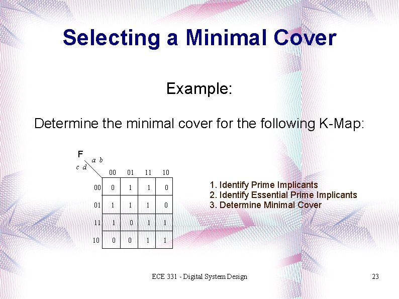 Selecting a Minimal Cover Example: Determine the minimal cover for the following K-Map: F