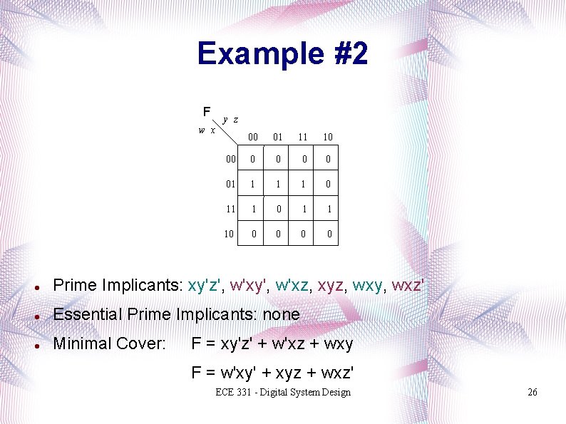 Example #2 F w x y z 00 01 11 10 00 0 0
