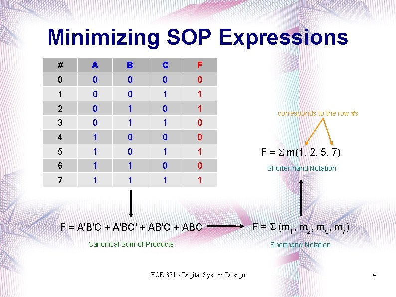 Minimizing SOP Expressions # A B C F 0 0 0 1 1 2