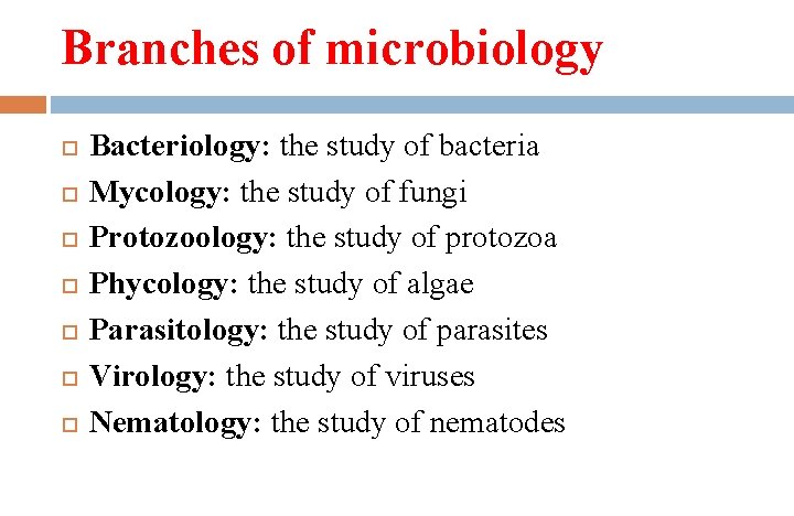 Branches of microbiology Bacteriology: the study of bacteria Mycology: the study of fungi Protozoology: