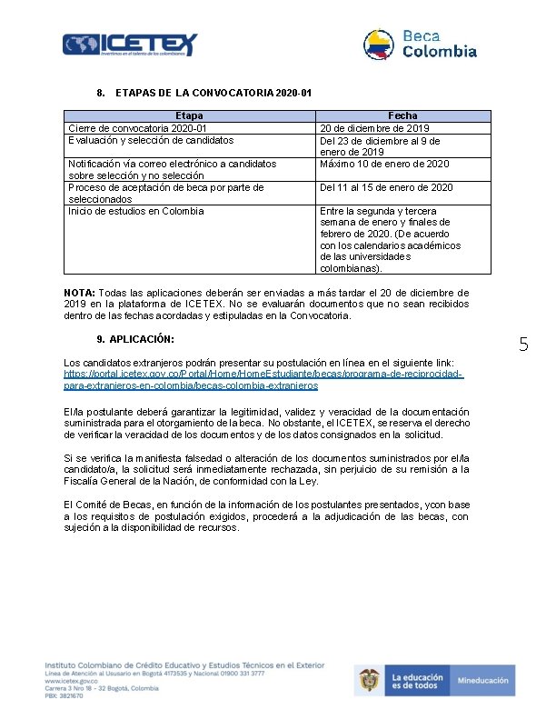 8. ETAPAS DE LA CONVOCATORIA 2020 -01 Etapa Cierre de convocatoria 2020 -01 Evaluación