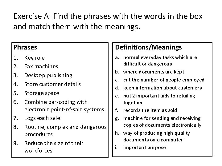 Exercise A: Find the phrases with the words in the box and match them