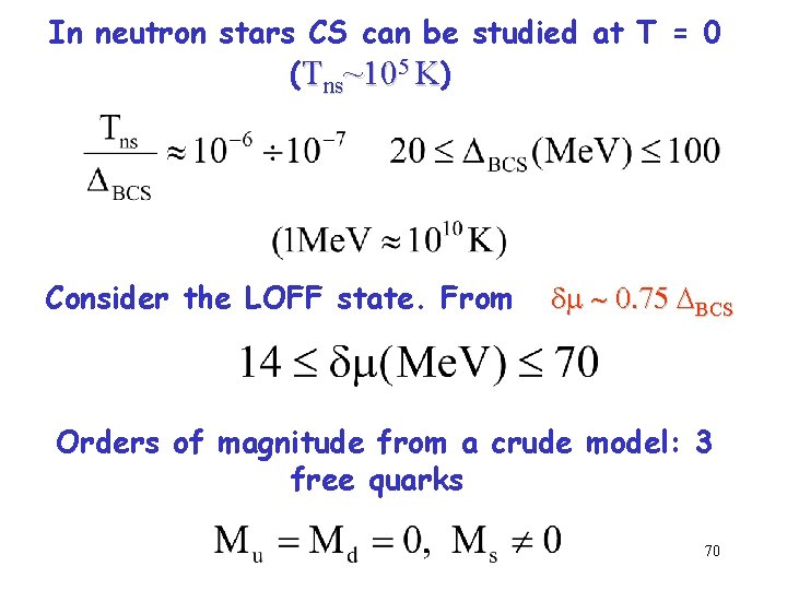 In neutron stars CS can be studied at T = 0 (Tns~105 K) Consider