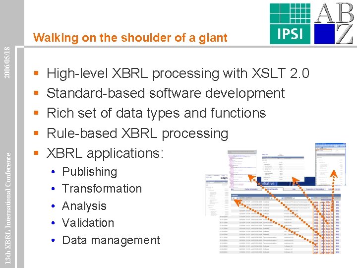 13 th XBRL International Conference 2006/05/18 Walking on the shoulder of a giant §