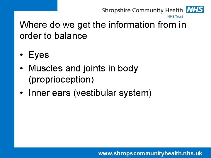 Where do we get the information from in order to balance • Eyes •