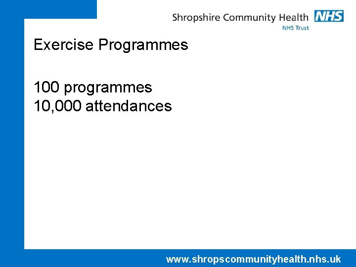 Exercise Programmes 100 programmes 10, 000 attendances www. shropscommunityhealth. nhs. uk 