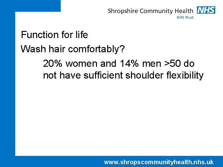Function for life Wash hair comfortably? 20% women and 14% men >50 do not