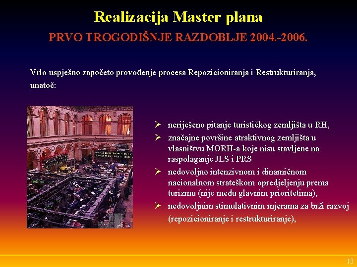 Realizacija Master plana PRVO TROGODIŠNJE RAZDOBLJE 2004. -2006. Vrlo uspješno započeto provođenje procesa Repozicioniranja