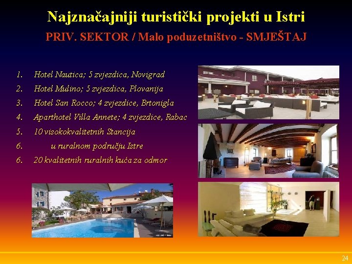 Najznačajniji turistički projekti u Istri PRIV. SEKTOR / Malo poduzetništvo - SMJEŠTAJ 1. Hotel