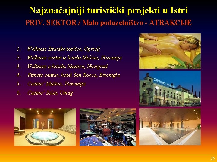 Najznačajniji turistički projekti u Istri PRIV. SEKTOR / Malo poduzetništvo - ATRAKCIJE 1. Wellness