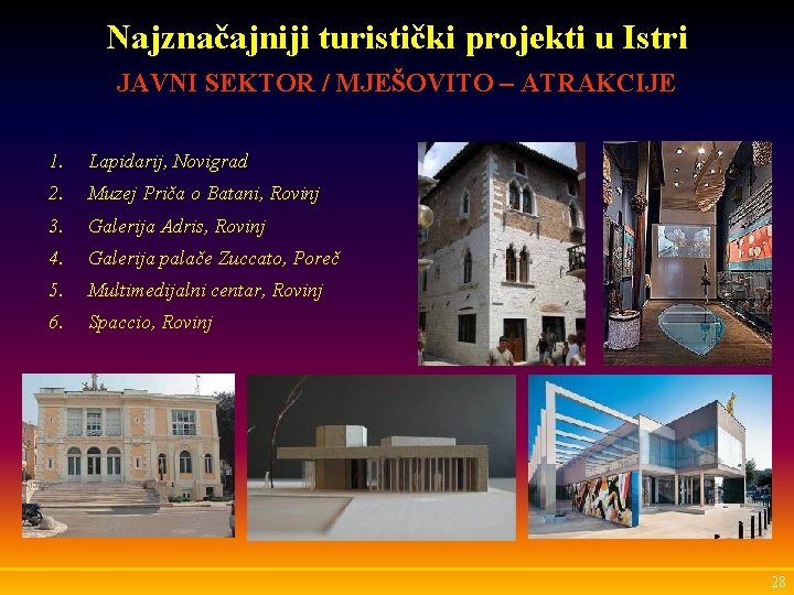 Najznačajniji turistički projekti u Istri JAVNI SEKTOR / MJEŠOVITO – ATRAKCIJE 1. Lapidarij, Novigrad