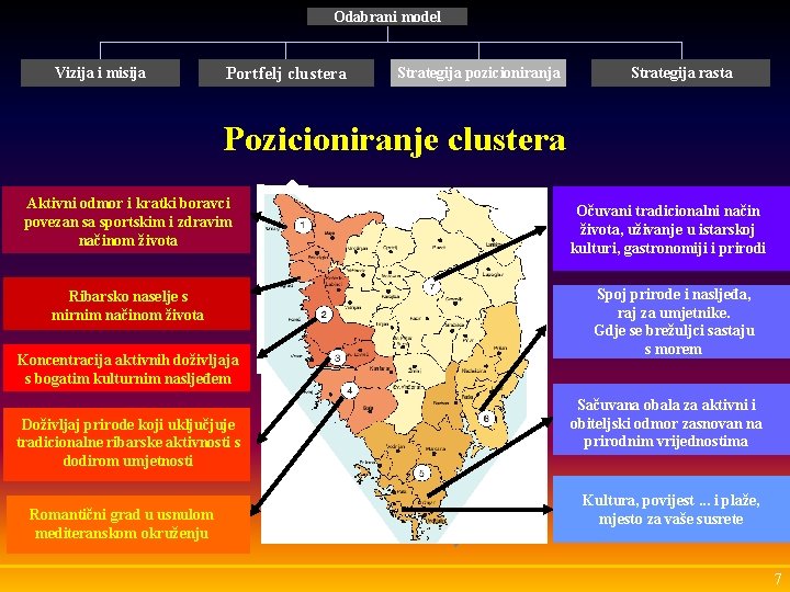 Odabrani model Vizija i misija Portfelj clustera Strategija pozicioniranja Strategija rasta Pozicioniranje clustera Aktivni