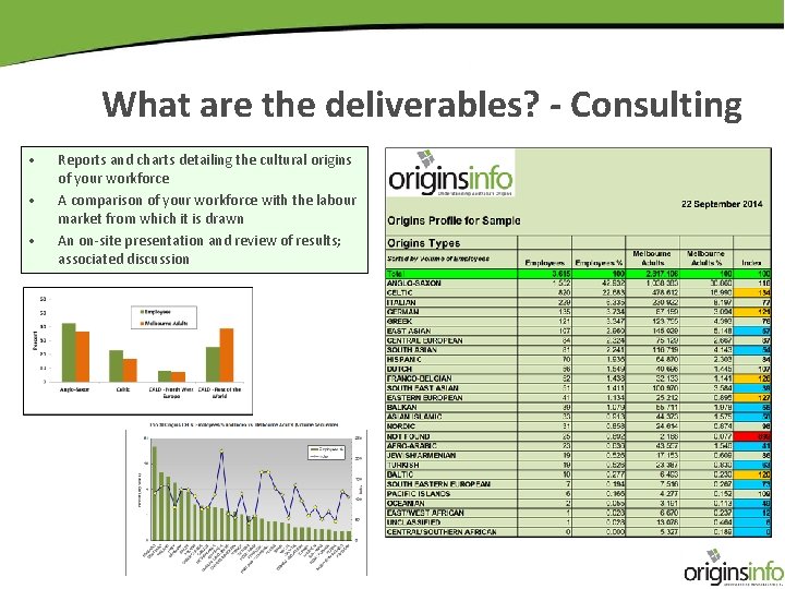 What are the deliverables? - Consulting • • • Reports and charts detailing the