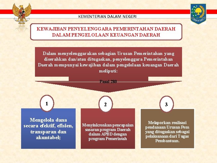 KEMENTERIAN DALAM NEGERI KEWAJIBAN PENYELENGGARA PEMERINTAHAN DAERAH DALAM PENGELOLAAN KEUANGAN DAERAH Dalam menyelenggarakan sebagian