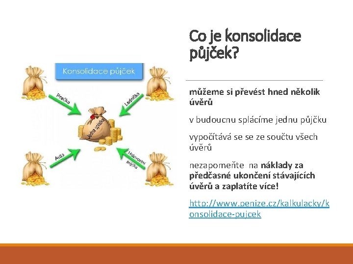 Co je konsolidace půjček? můžeme si převést hned několik úvěrů v budoucnu splácíme jednu