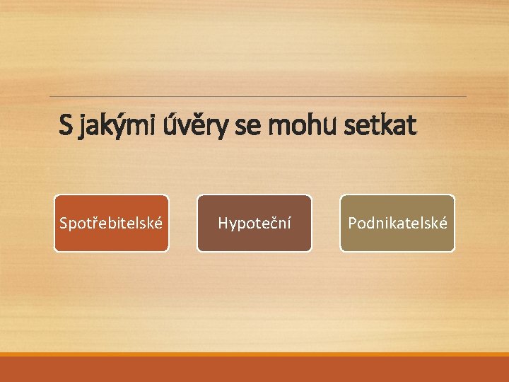 S jakými úvěry se mohu setkat Spotřebitelské Hypoteční Podnikatelské 