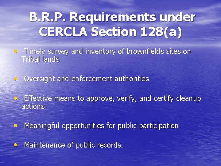 B. R. P. Requirements under CERCLA Section 128(a) • Timely survey and inventory of