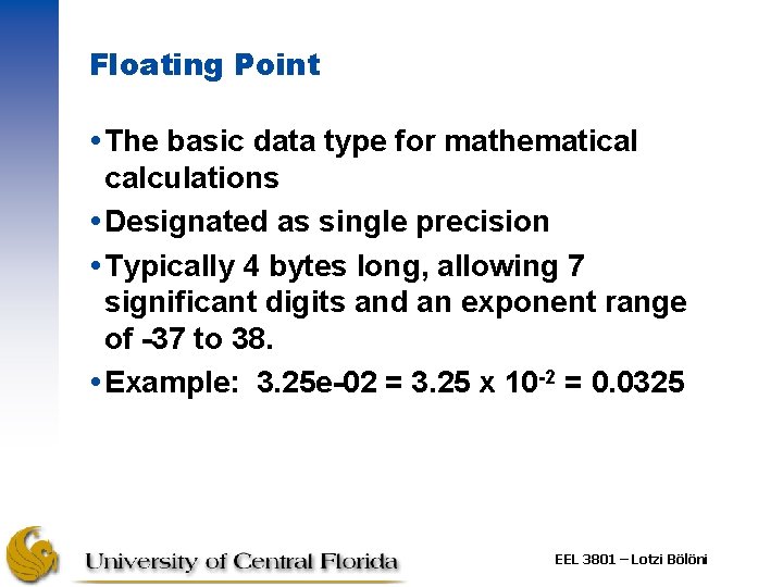 Floating Point The basic data type for mathematical calculations Designated as single precision Typically