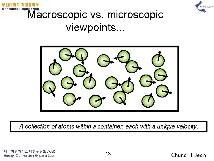 Macroscopic vs. microscopic viewpoints. . . A collection of atoms within a container, each