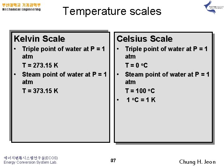 Temperature scales Kelvin Scale Celsius Scale • Triple point of water at P =