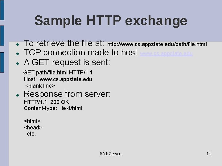 Sample HTTP exchange To retrieve the file at: http: //www. cs. appstate. edu/path/file. html