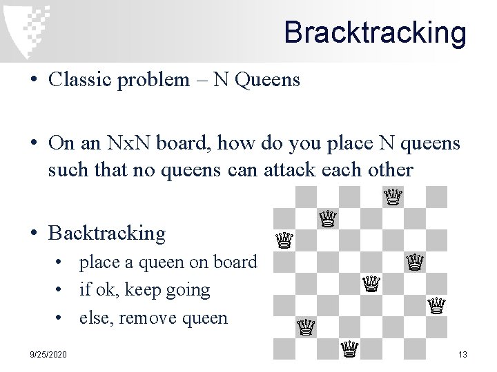 Bracktracking • Classic problem – N Queens • On an Nx. N board, how