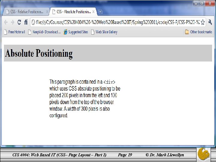 Absolute Positioning CIS 4004: Web Based IT (CSS– Page Layout – Part 1) Page