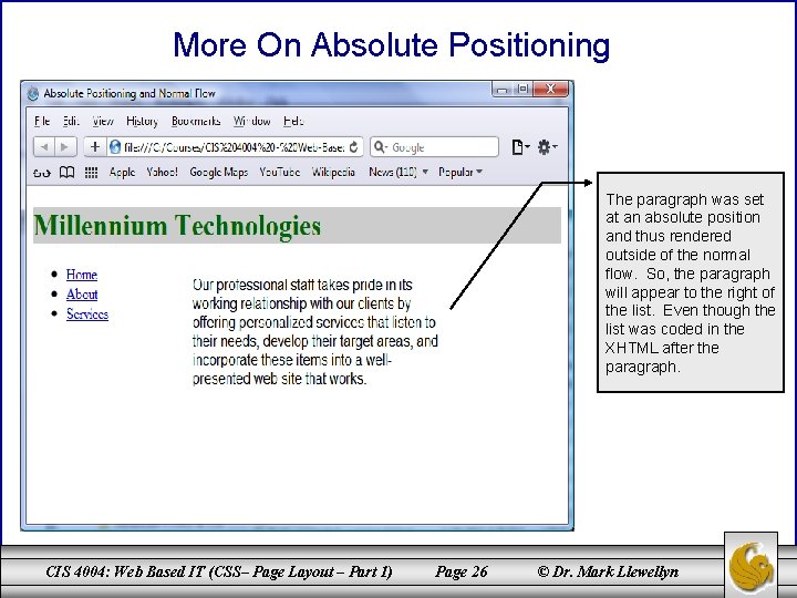 More On Absolute Positioning The paragraph was set at an absolute position and thus