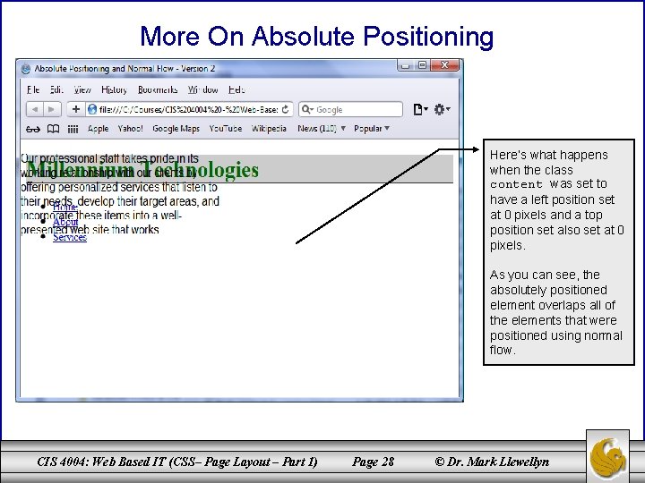 More On Absolute Positioning Here’s what happens when the class content was set to