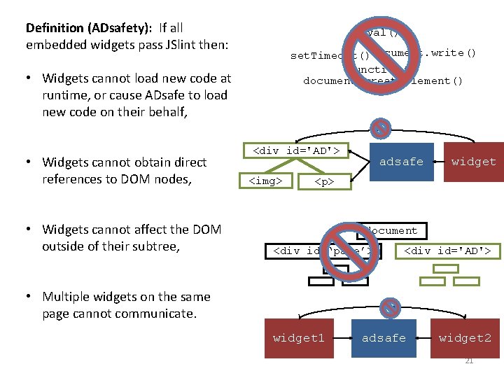 Definition (ADsafety): If all embedded widgets pass JSlint then: eval() set. Timeout()document. write() Function()