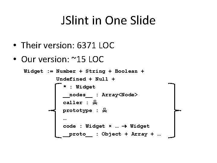 JSlint in One Slide • Their version: 6371 LOC • Our version: ~15 LOC