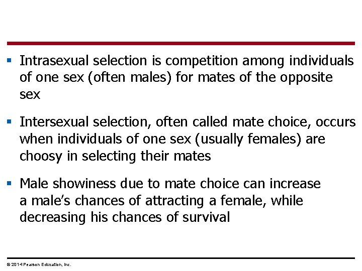 § Intrasexual selection is competition among individuals of one sex (often males) for mates