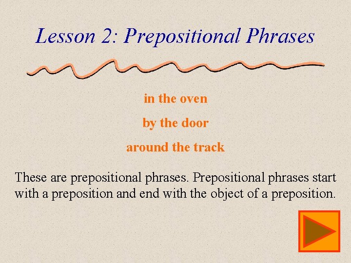 Lesson 2: Prepositional Phrases in the oven by the door around the track These