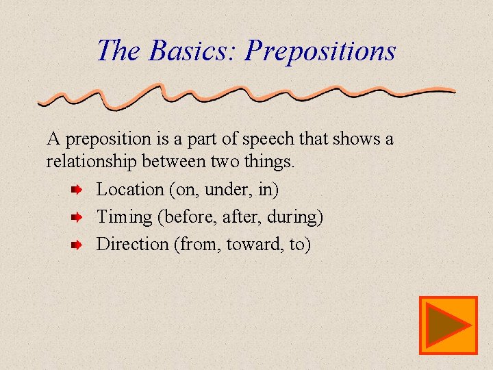 The Basics: Prepositions A preposition is a part of speech that shows a relationship