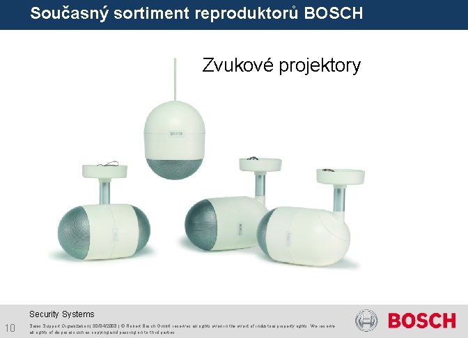 Současný sortiment reproduktorů BOSCH Zvukové projektory Security Systems 10 Sales Support Organization | 30/04/2008 Současný sortiment reproduktorů BOSCH Zvukové projektory Security Systems 10 Sales Support Organization | 30/04/2008