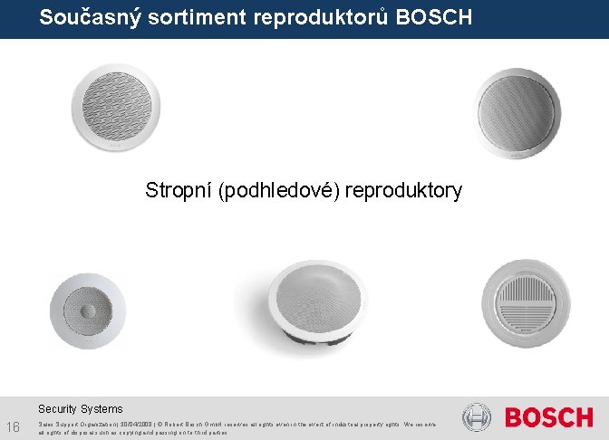 Současný sortiment reproduktorů BOSCH Stropní (podhledové) reproduktory Security Systems 16 Sales Support Organization |