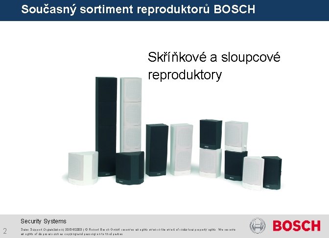 Současný sortiment reproduktorů BOSCH Skříňkové a sloupcové reproduktory Security Systems 2 Sales Support Organization Současný sortiment reproduktorů BOSCH Skříňkové a sloupcové reproduktory Security Systems 2 Sales Support Organization