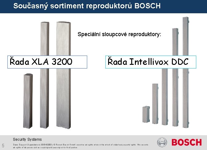 Současný sortiment reproduktorů BOSCH Speciální sloupcové reproduktory: Řada XLA 3200 Řada Intellivox DDC Security Současný sortiment reproduktorů BOSCH Speciální sloupcové reproduktory: Řada XLA 3200 Řada Intellivox DDC Security