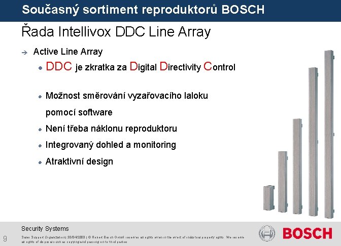 Současný sortiment reproduktorů BOSCH Řada Intellivox DDC Line Array è Active Line Array DDC