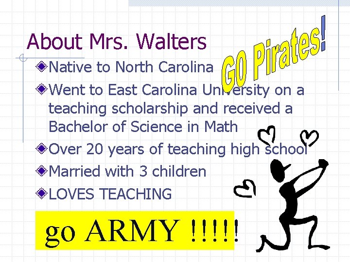 About Mrs. Walters Native to North Carolina Went to East Carolina University on a