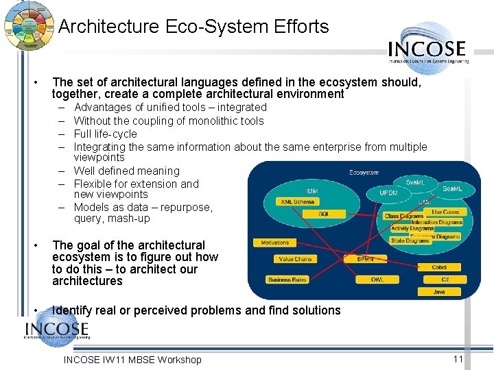 Architecture Eco-System Efforts • The set of architectural languages defined in the ecosystem should,