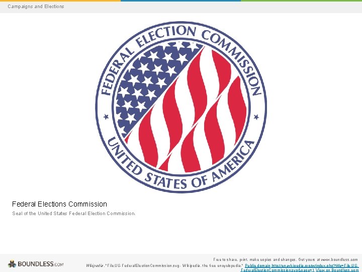 Campaigns and Elections Federal Elections Commission Seal of the United States Federal Election Commission.