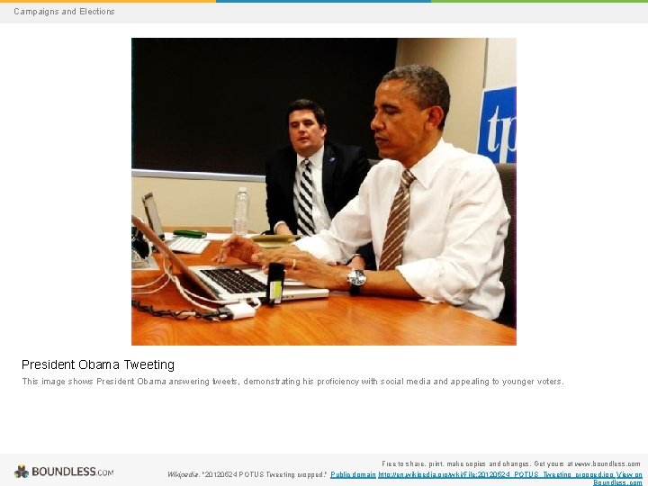 Campaigns and Elections President Obama Tweeting This image shows President Obama answering tweets, demonstrating