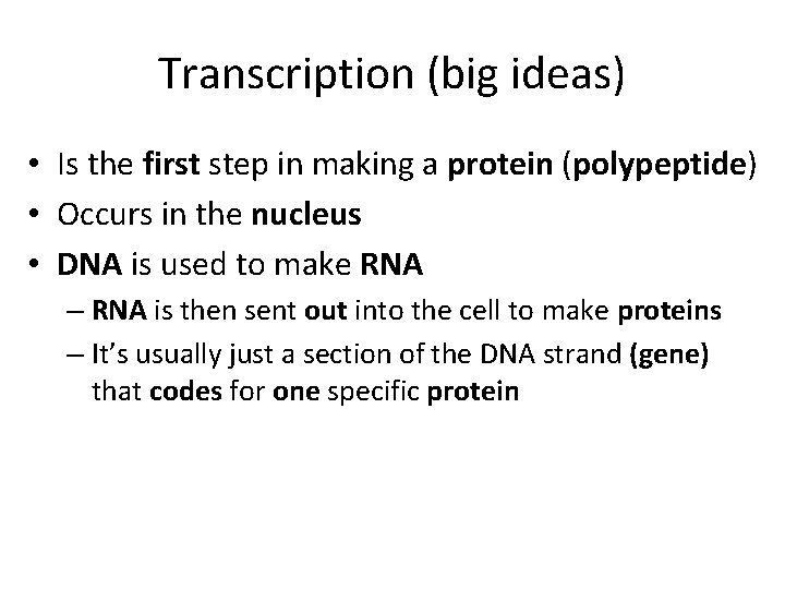 Transcription (big ideas) • Is the first step in making a protein (polypeptide) •