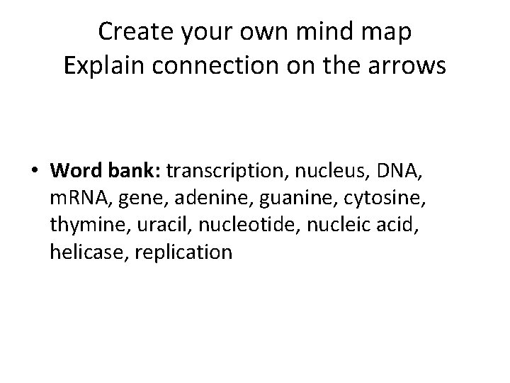 Create your own mind map Explain connection on the arrows • Word bank: transcription,