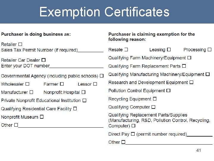 Exemption Certificates 41 