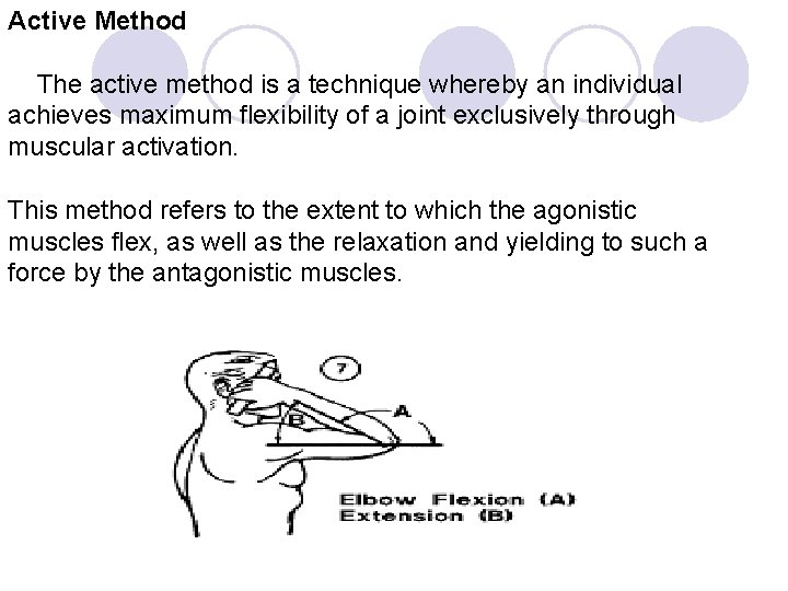 Active Method The active method is a technique whereby an individual achieves maximum flexibility
