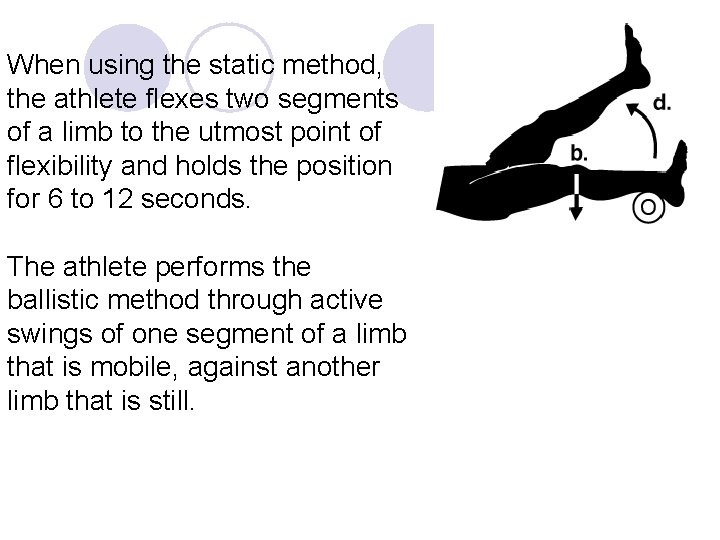 When using the static method, the athlete flexes two segments of a limb to