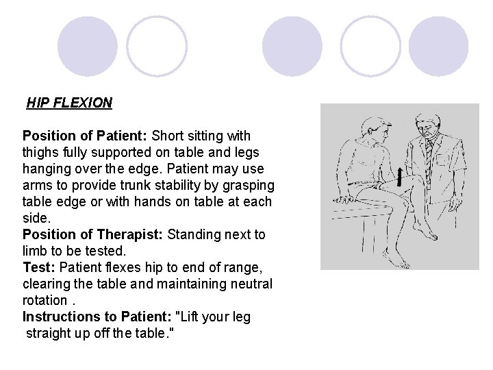 HIP FLEXION Position of Patient: Short sitting with thighs fully supported on table and